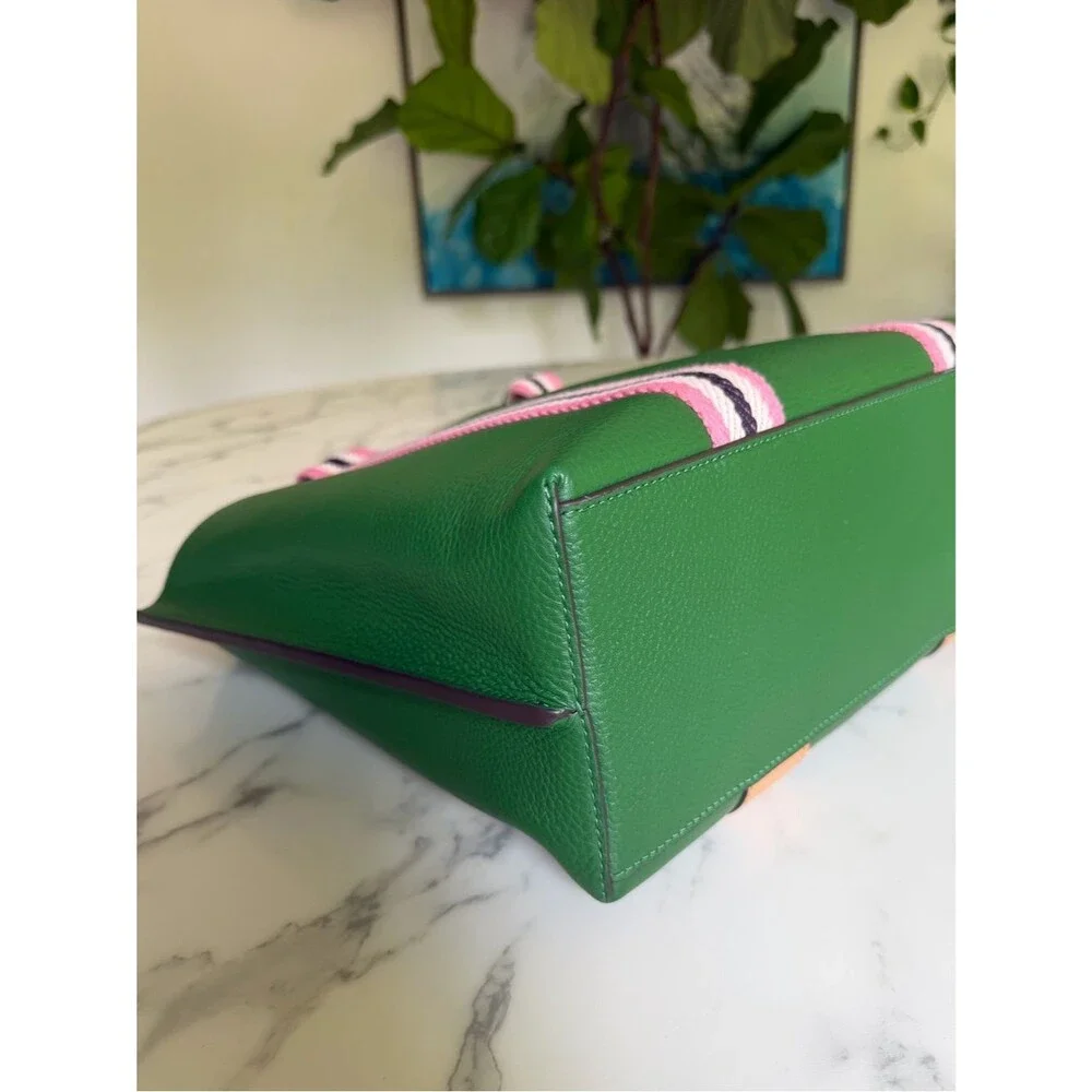 NWT Tory Burch Perry Multi Stripe Leather Triple Compartment Tote Arugula Green